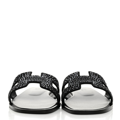 Hermes Suede Crystal Embellished Oran Sandals 38 Black 2 of 9