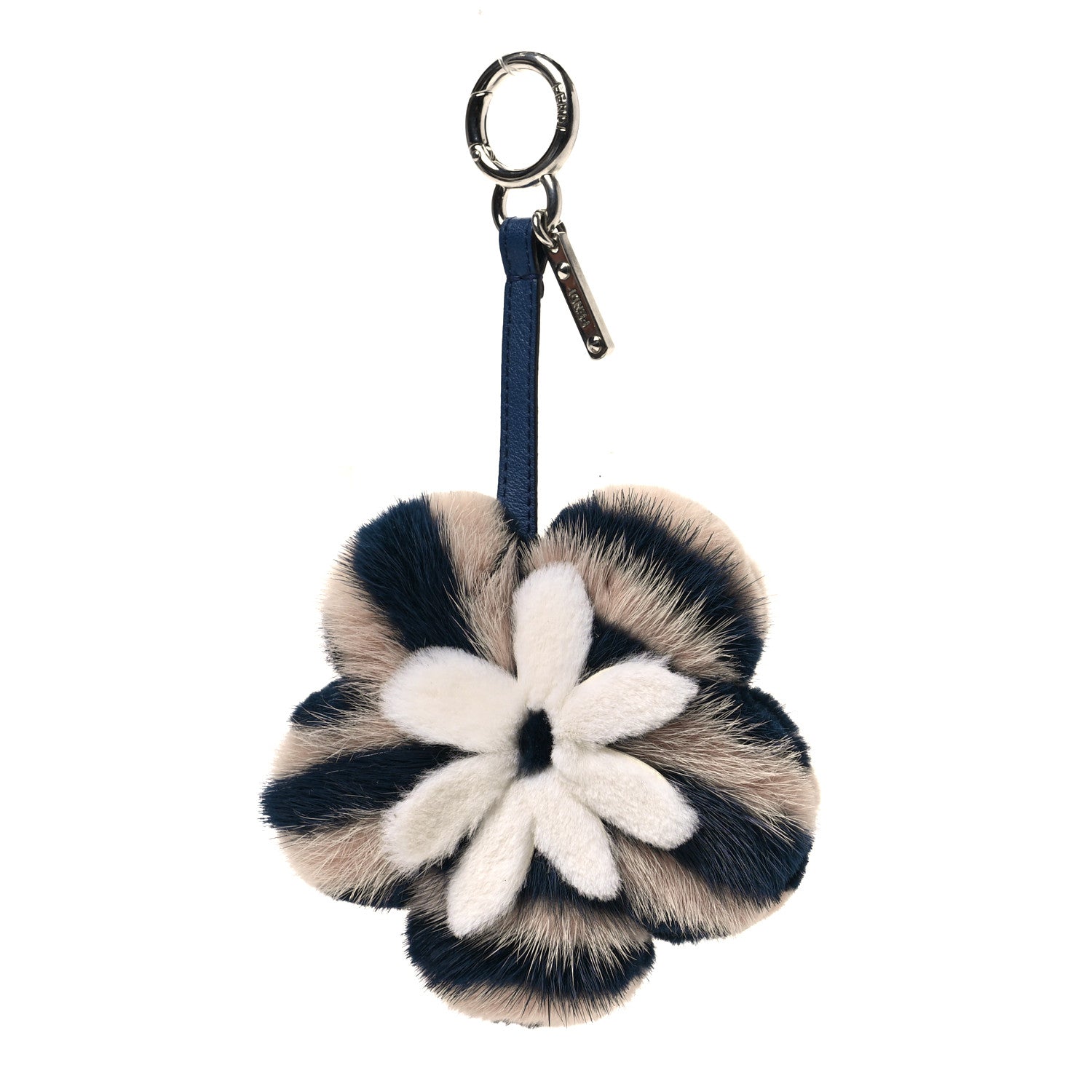 Fendi Mink Fur Vitello Dolce Pequin Flowerland Bag Charm Navy White 1 of 5
