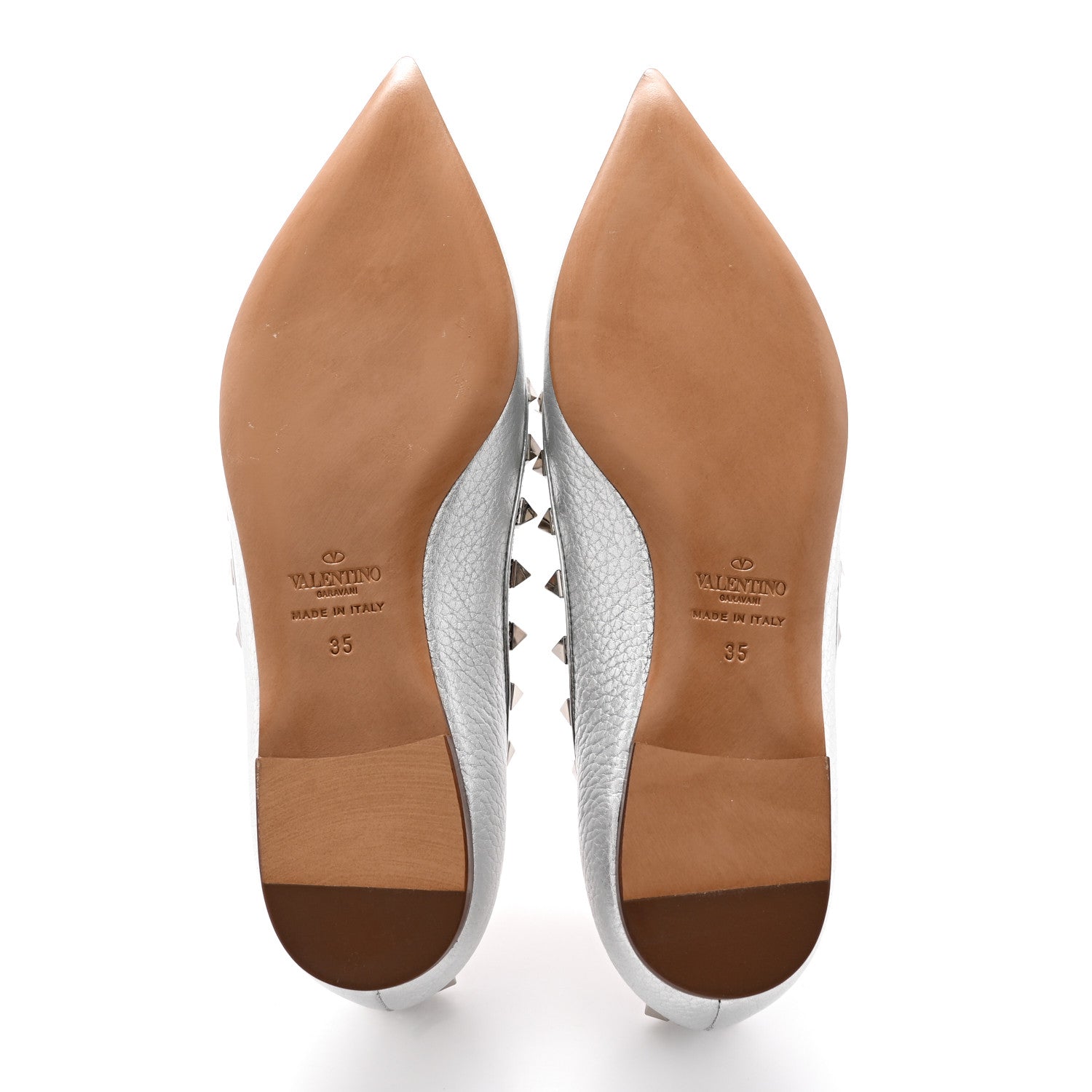 Valentino Garavani Metallic Pebbled Calfskin Rockstud Ballerina Flats 35 Silver 5 of 12