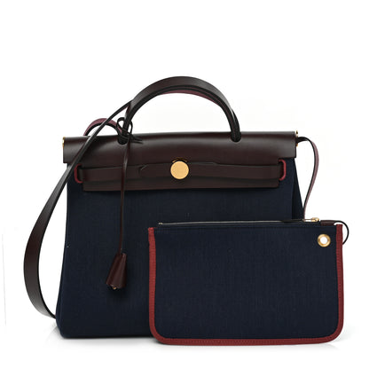 Hermes Toile Militaire Vache Hunter Herbag Zip Retourne 31 PM Rouge Sellier Bleu Marine 1 of 9