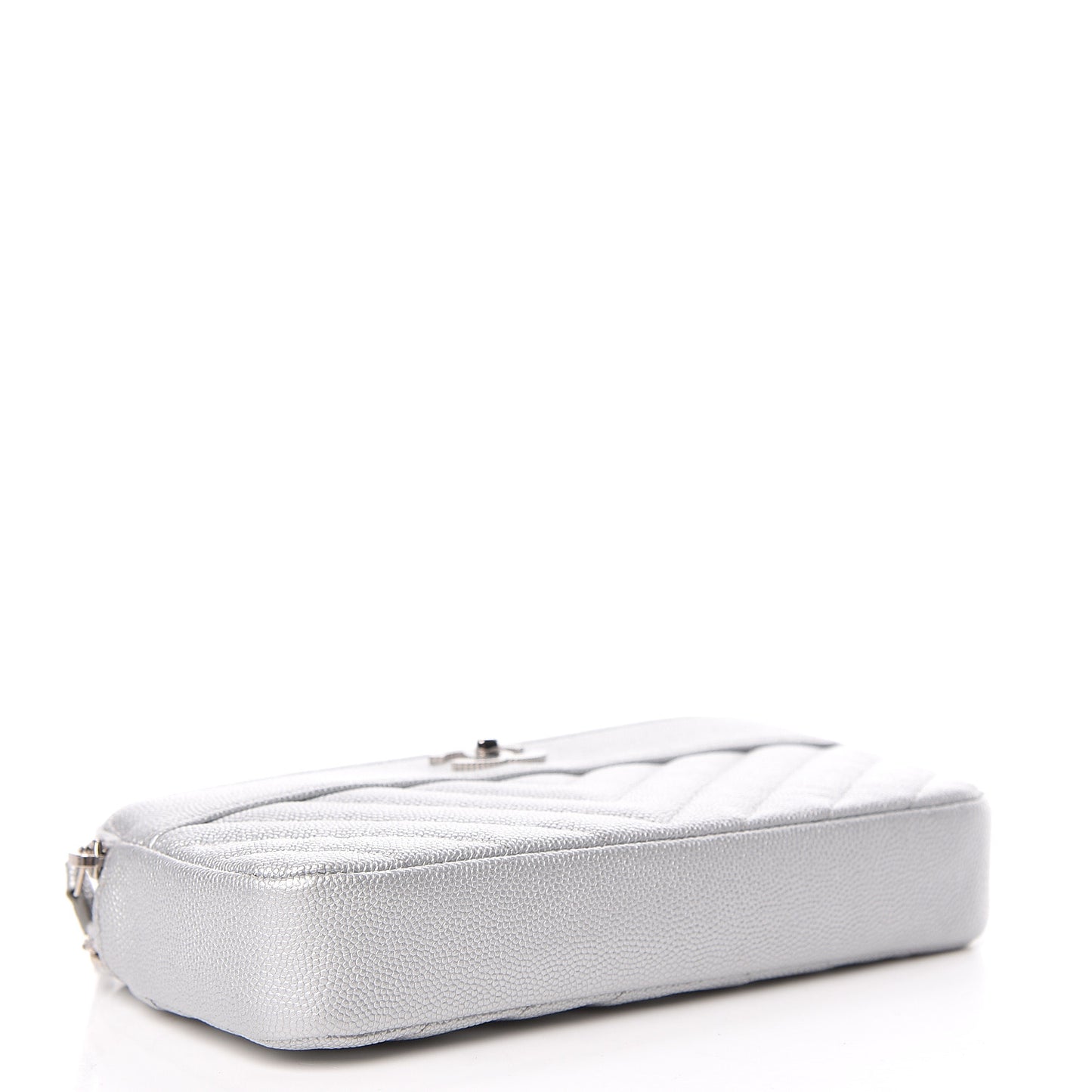 Metallic Caviar Chevron Quilted Small Vintage Mademoiselle Clutch With Chain Silver