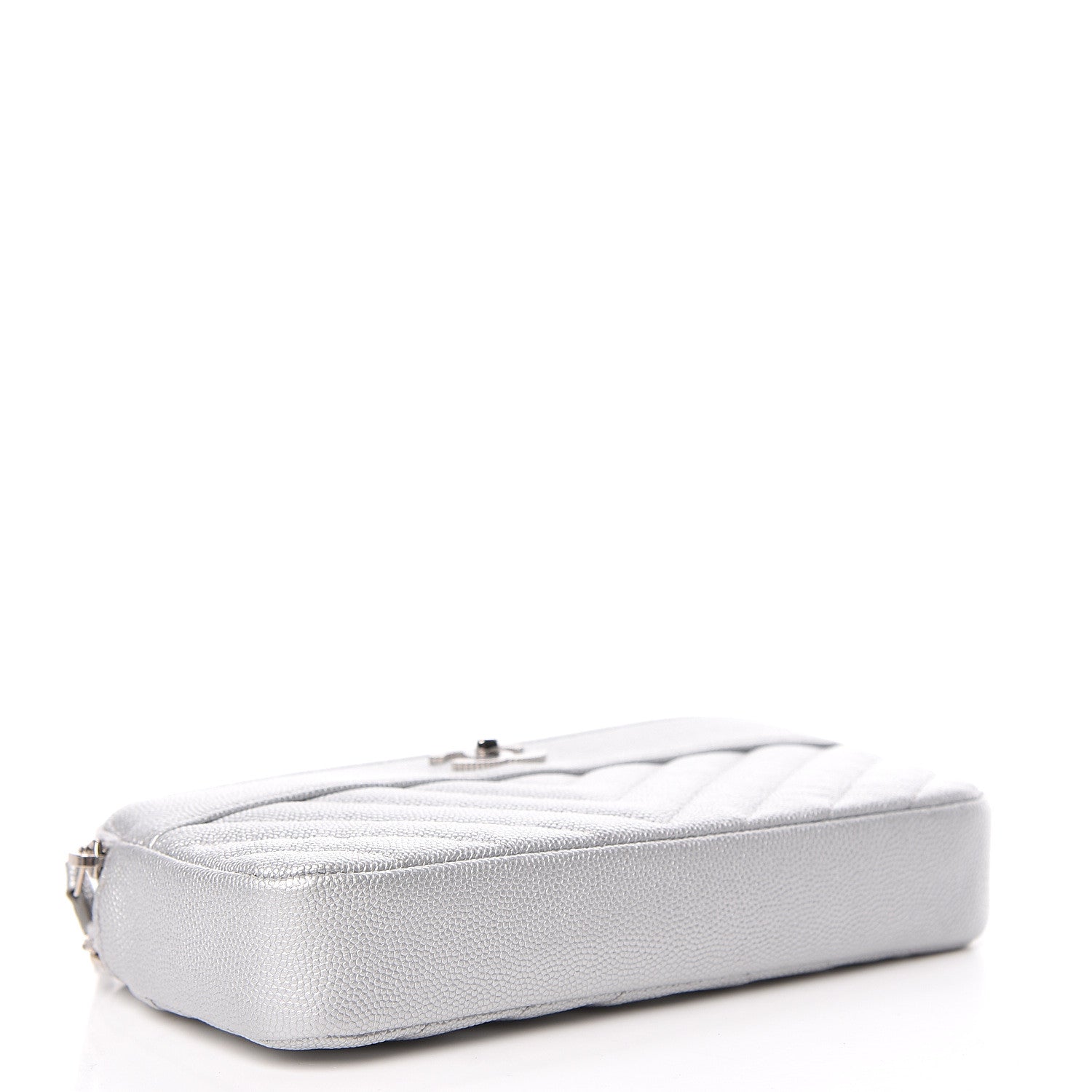 Chanel Metallic Caviar Chevron Quilted Small Vintage Mademoiselle Clutch With Chain Silver 4 of 14