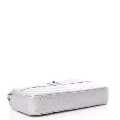 Chanel Metallic Caviar Chevron Quilted Small Vintage Mademoiselle Clutch With Chain Silver 4 of 14