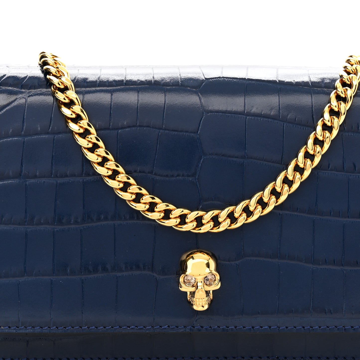 Calfskin Crocodile Embossed Skull Mini Crossbody Bag Deep Lapis Blue