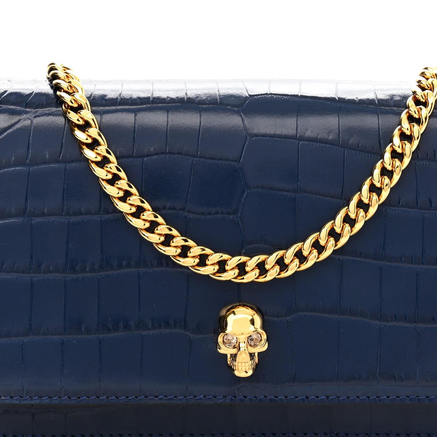 Alexander McQueen Calfskin Crocodile Embossed Skull Mini Crossbody Bag Deep Lapis Blue 7 of 11