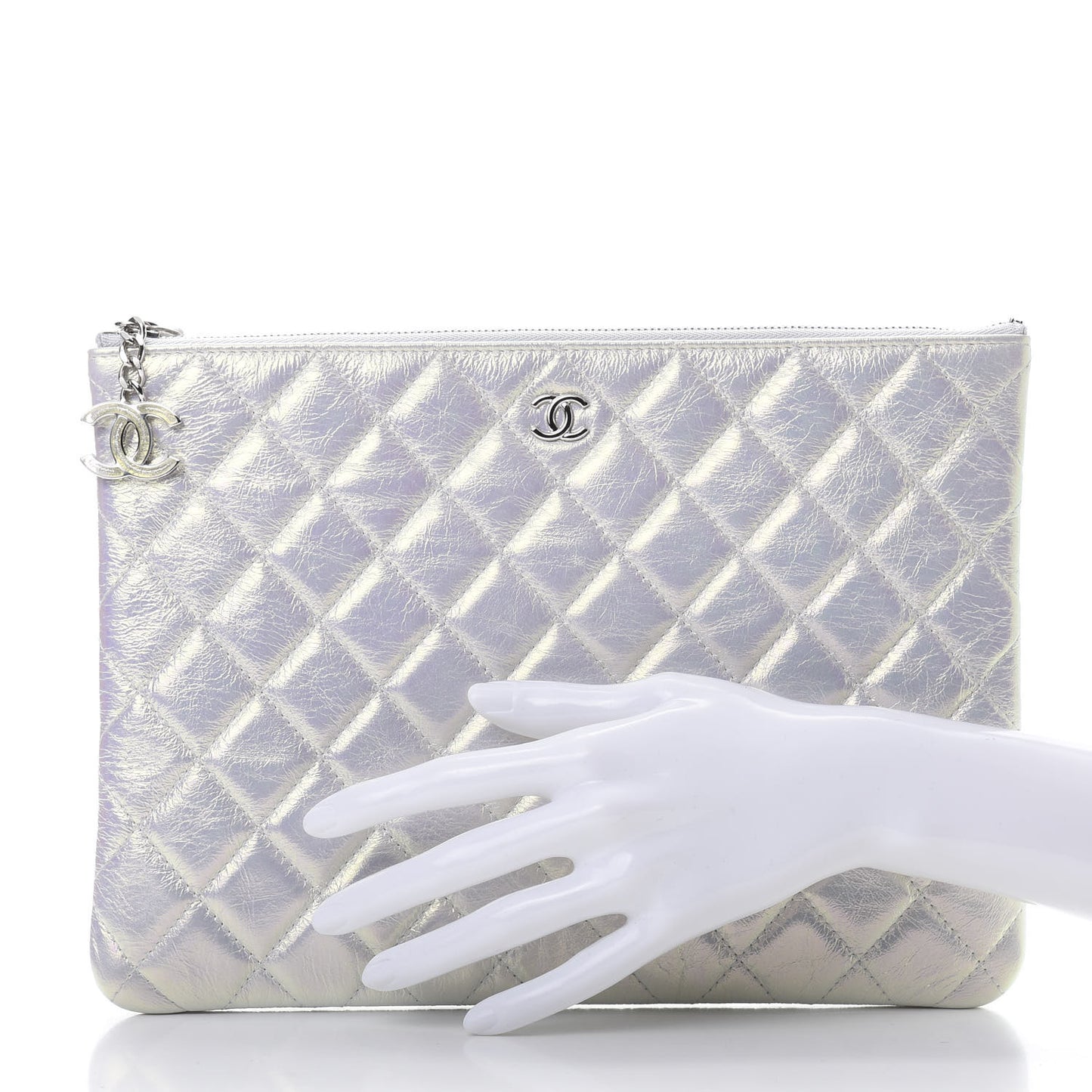 Iridescent Crumpled Calfskin CC Ripples Medium Cosmetic Case White