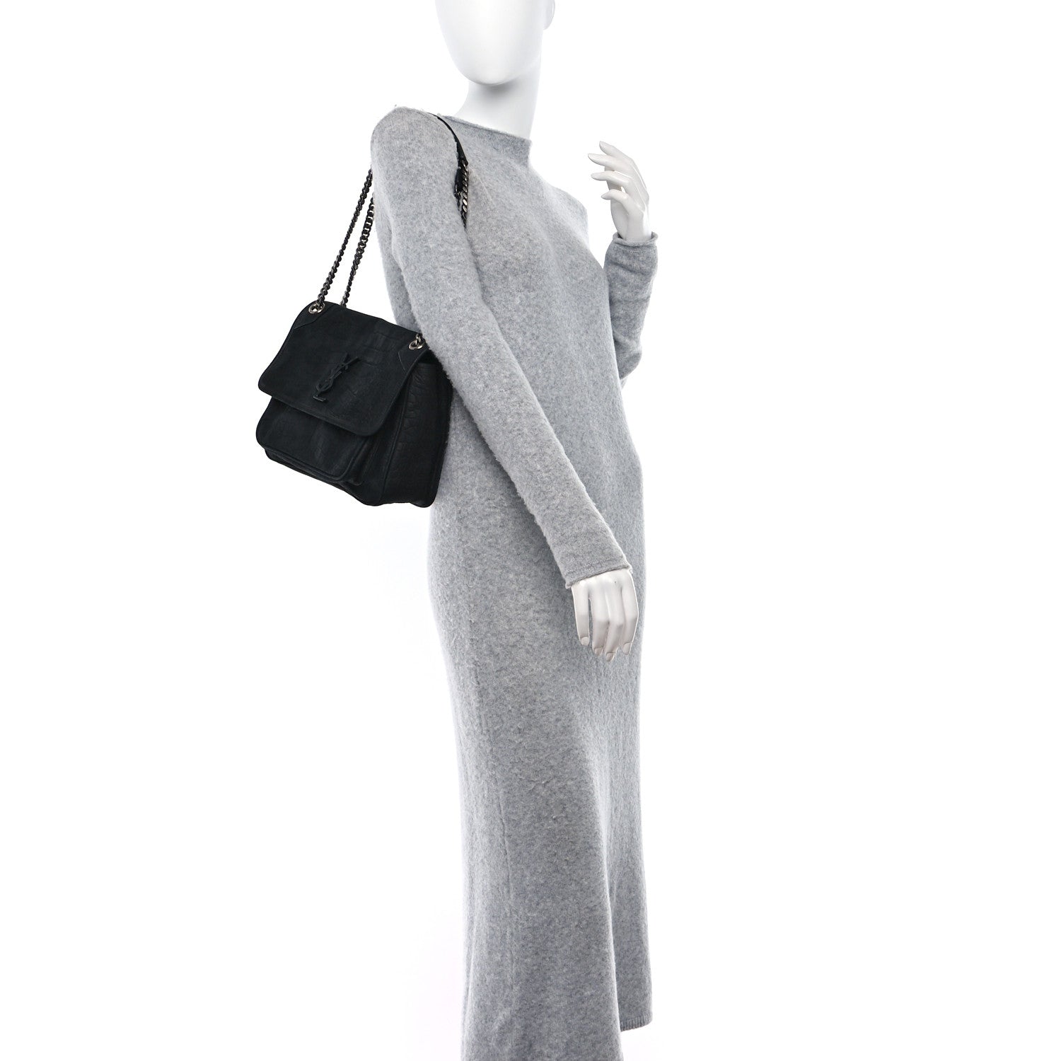 Saint Laurent Nubuck Crocodile Embossed Monogram Medium Niki Chain Satchel Black 2 of 8