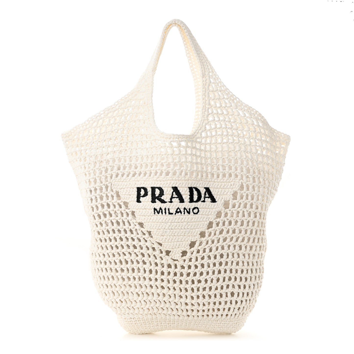 Yarn Raffia Effect Crochet Logo Embroidered Shopping Tote Bag White