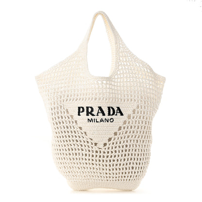 Prada Yarn Raffia Effect Crochet Logo Embroidered Shopping Tote Bag White 1 of 10