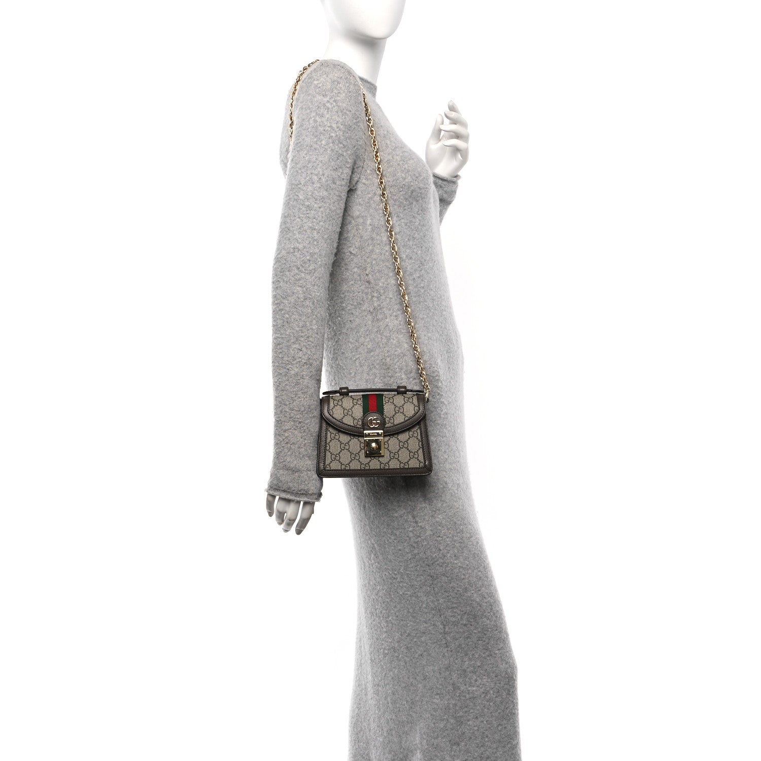 Gucci GG Supreme Monogram Textured Dollar Calfskin Web Mini Ophidia Padlock Top Handle Chain Shoulder Bag Beige Ebony New Acero 2 of 11