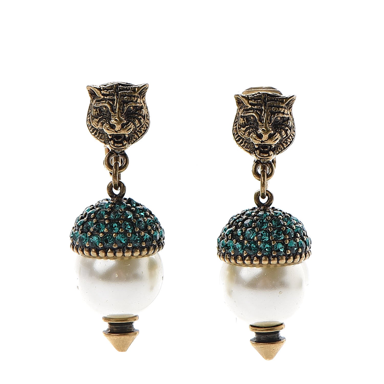 Gucci Metal Crystal Pearl Feline Clip On Earrings Aged Gold 1 of 4