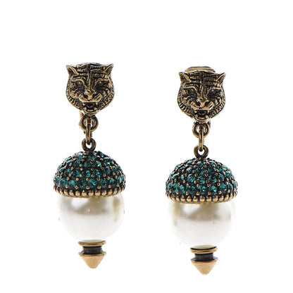 Gucci Metal Crystal Pearl Feline Clip On Earrings Aged Gold 1 of 4