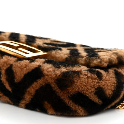 Fendi Shearling Vitello Dolce Macro FF 1974 Mini Baguette Tobacco Black 11 of 12
