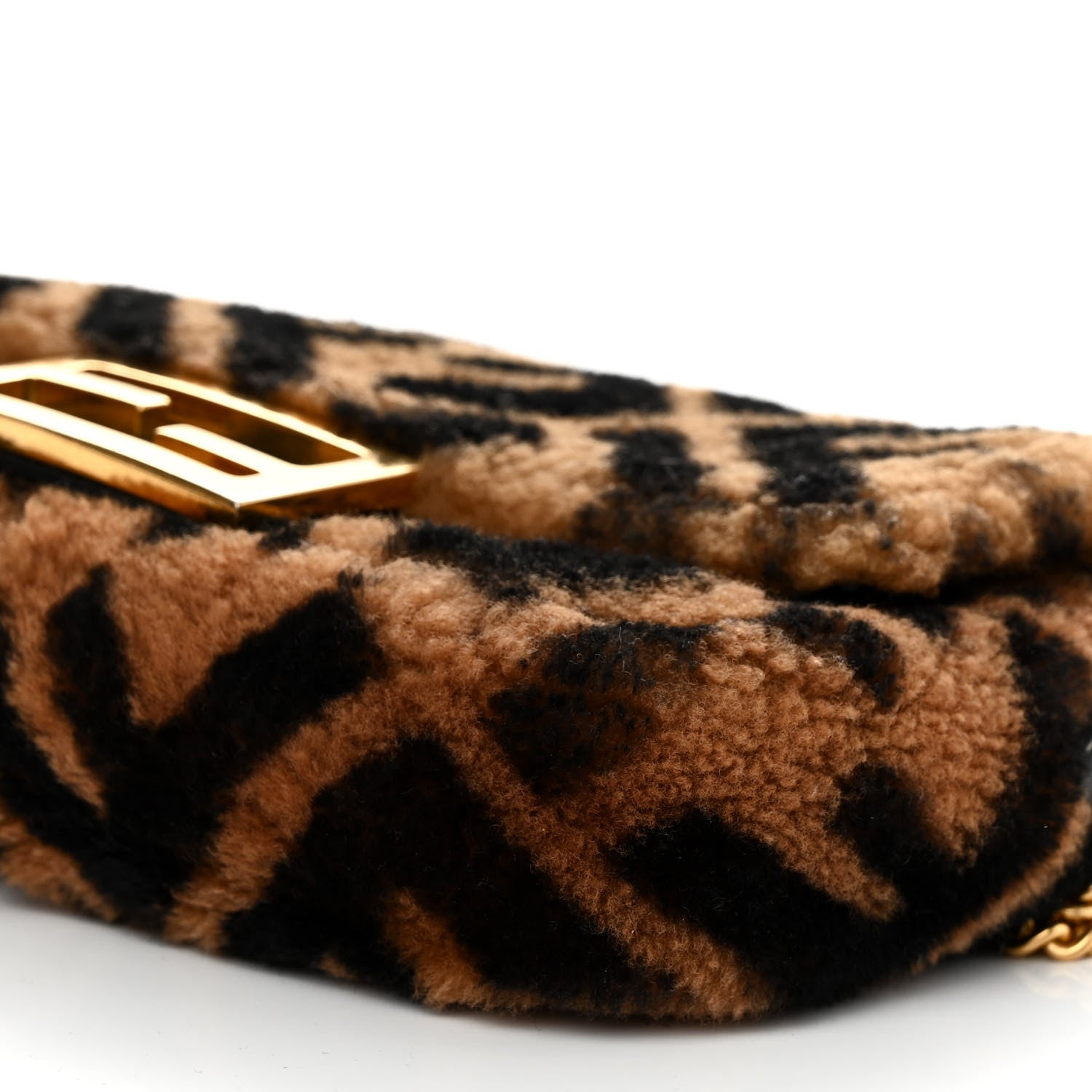 Fendi Shearling Vitello Dolce Macro FF 1974 Mini Baguette Tobacco Black 11 of 12