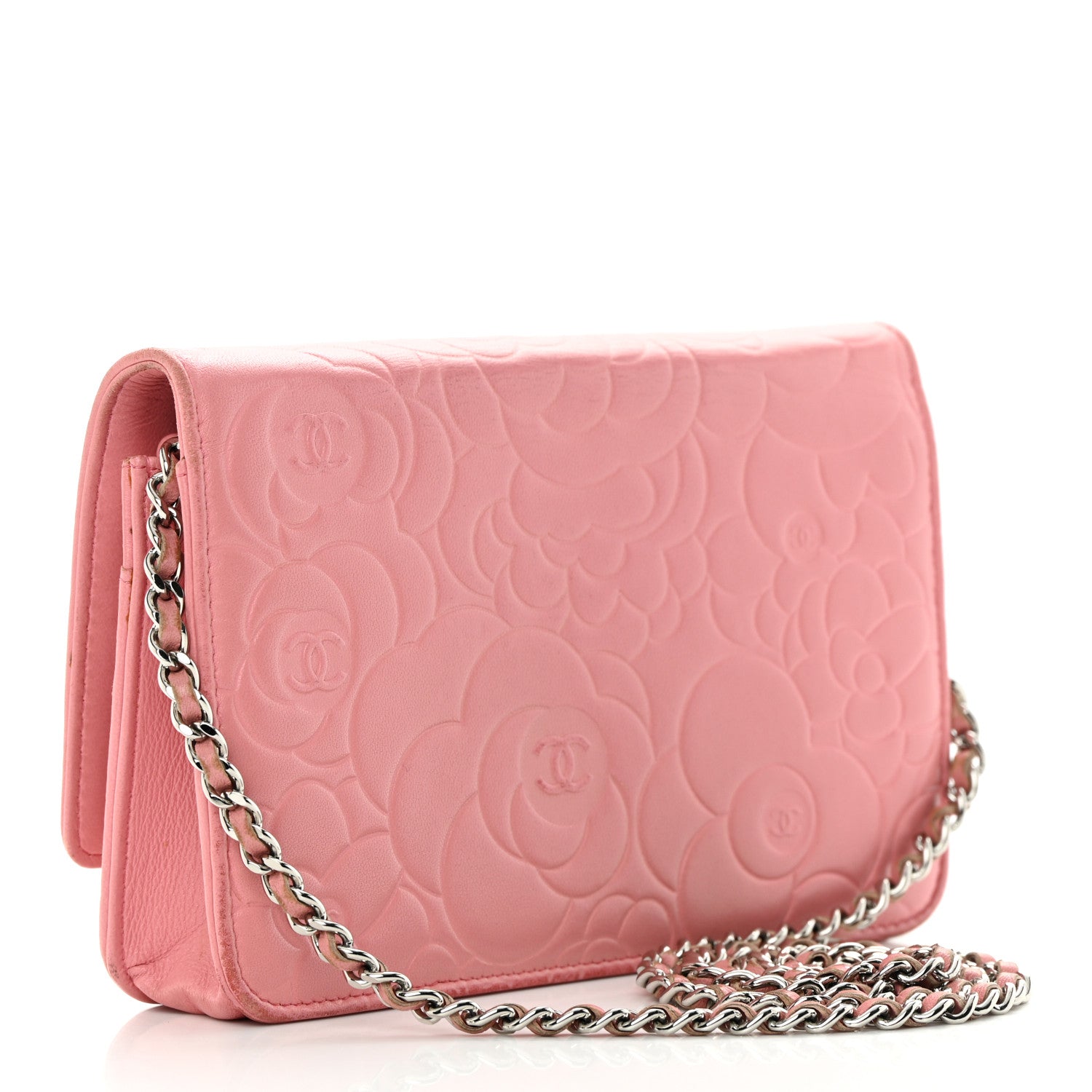 Chanel Lambskin Camellia Embossed Wallet On Chain WOC Pink 3 of 18