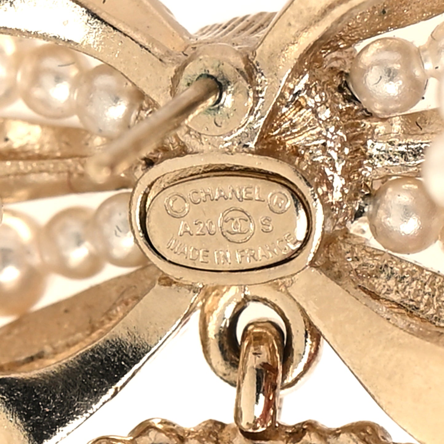 Crystal Pearl CC Bow Drop Earrings Gold Pearly White