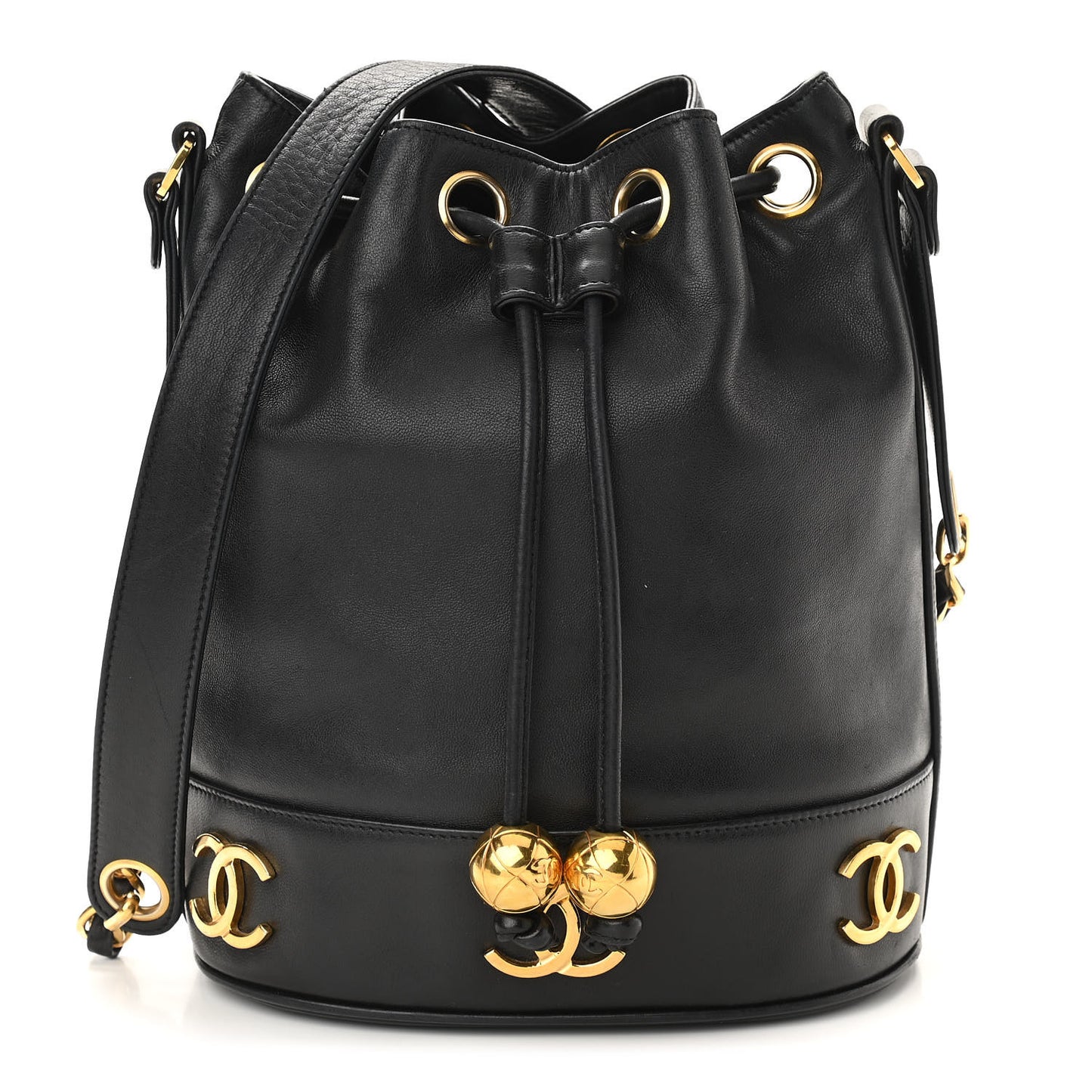 Lambskin CC Drawstring Shoulder Bag Black