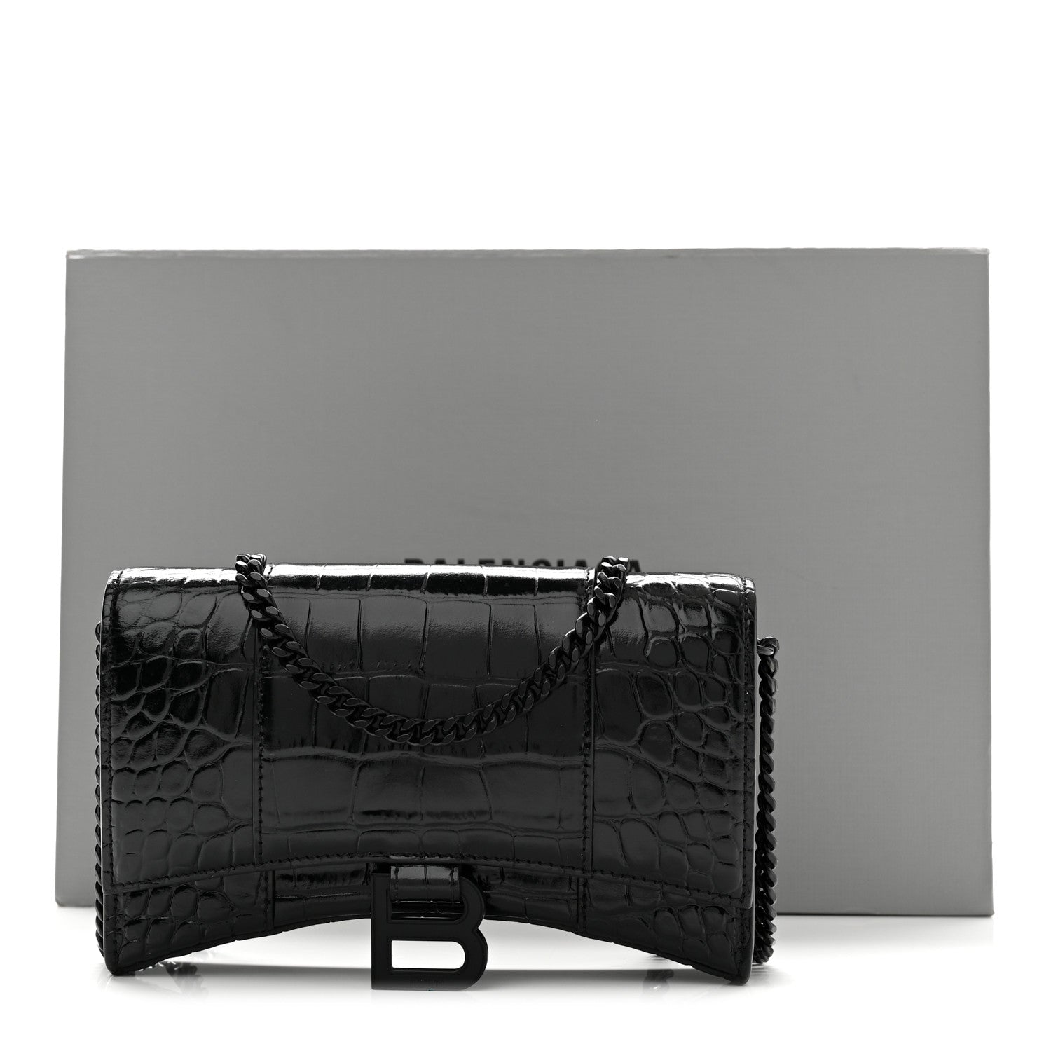 Balenciaga Shiny Calfskin Monochrome Crocodile Embossed Hourglass Chain Bag Black 10 of 10