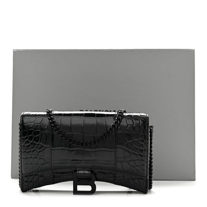 Balenciaga Shiny Calfskin Monochrome Crocodile Embossed Hourglass Chain Bag Black 10 of 10