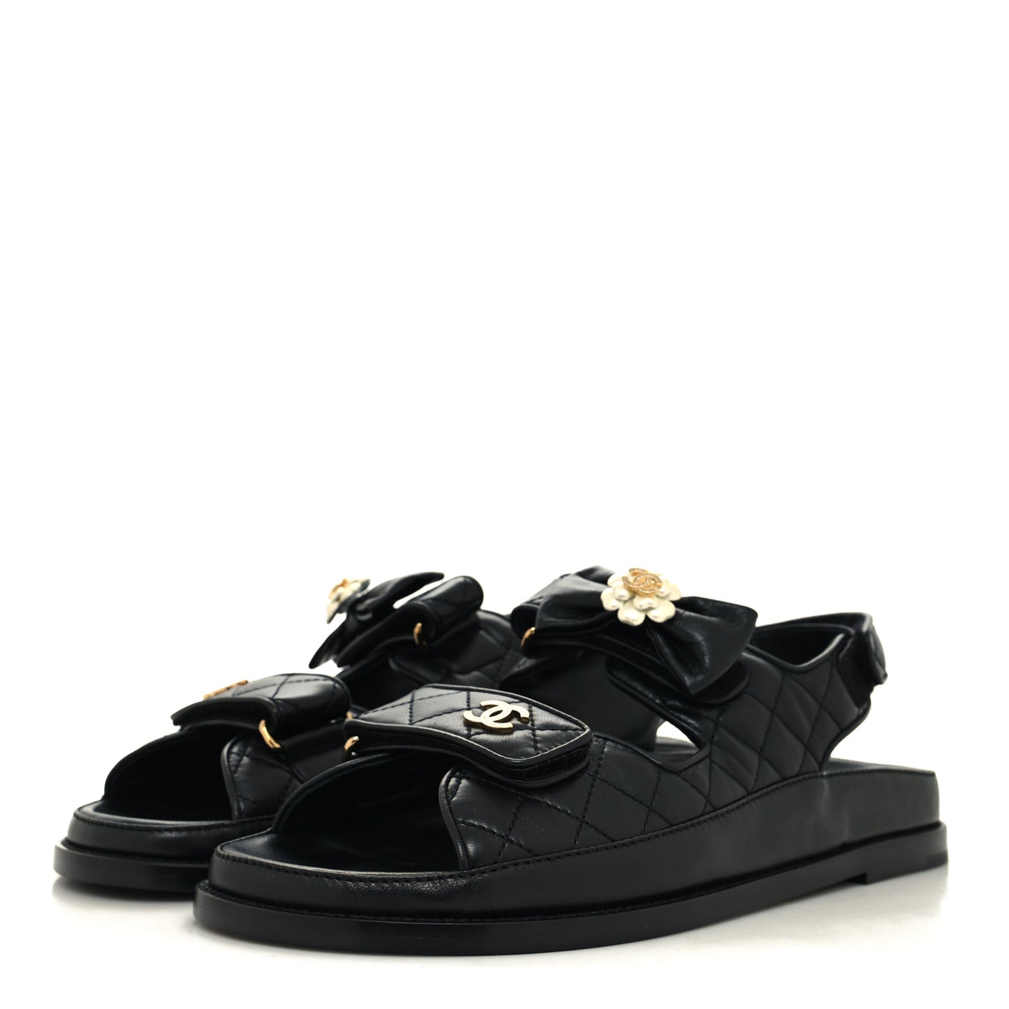 Lambskin Velcro CC Crystal Pearl Bow Dad Sandals 41.5 Black