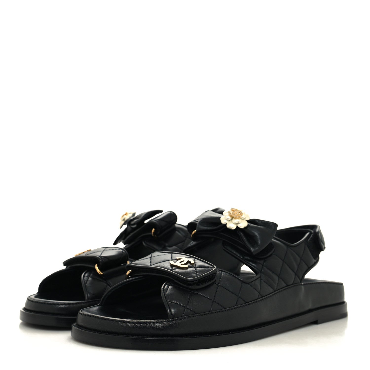 Chanel Lambskin Velcro CC Crystal Pearl Bow Dad Sandals 41.5 Black 3 of 9