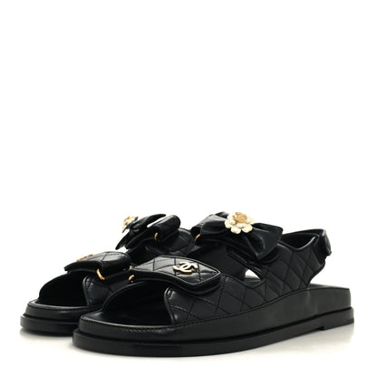 Chanel Lambskin Velcro CC Crystal Pearl Bow Dad Sandals 41.5 Black 3 of 9