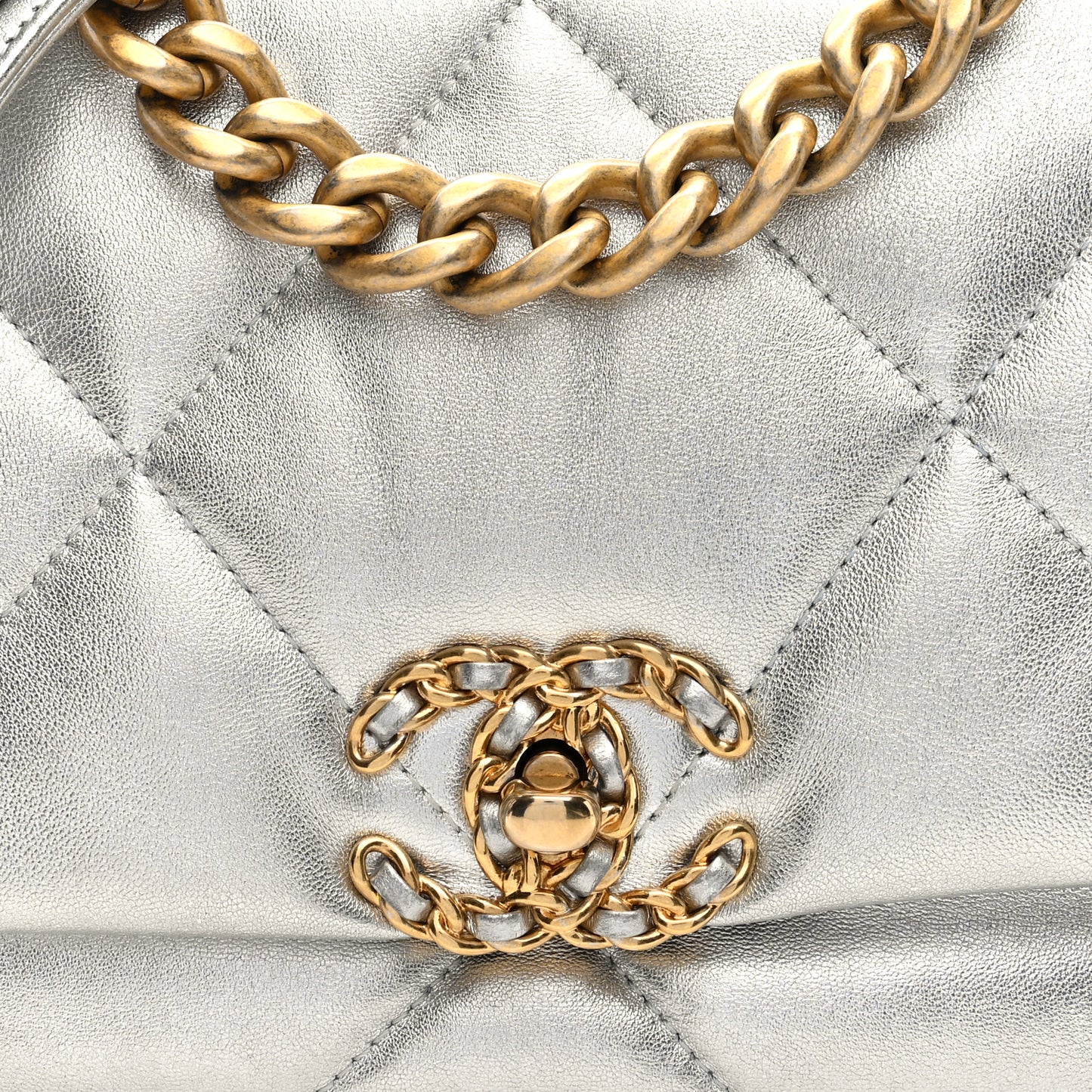 Metallic Lambskin Quilted Medium Chanel 19 Flap Silver