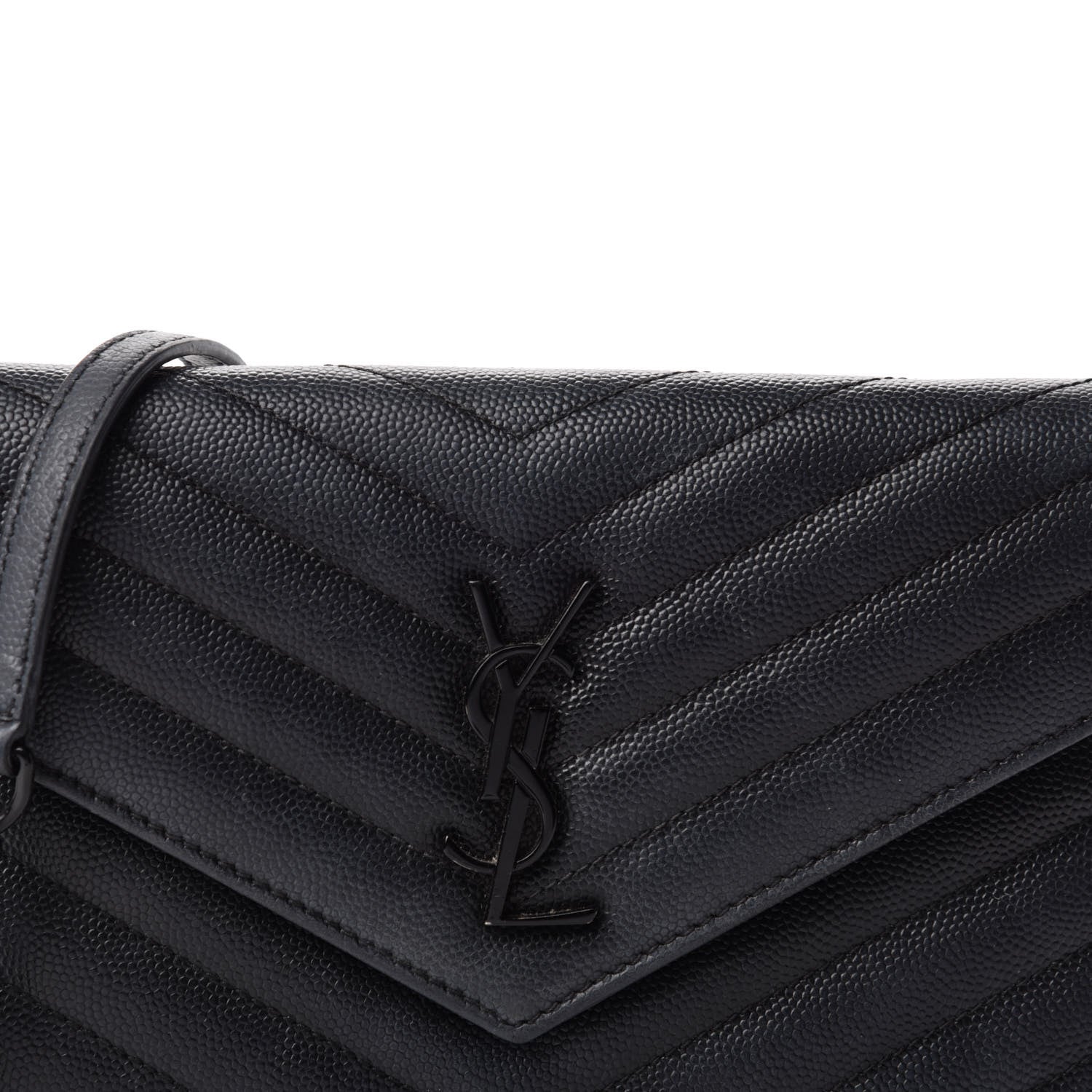 Saint Laurent Grain De Poudre Matelasse Chevron Monogram Monochrome Envelope Chain Wallet Black 10 of 10