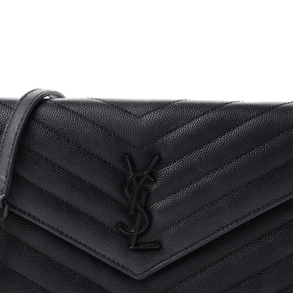 Saint Laurent Grain De Poudre Matelasse Chevron Monogram Monochrome Envelope Chain Wallet Black 10 of 10