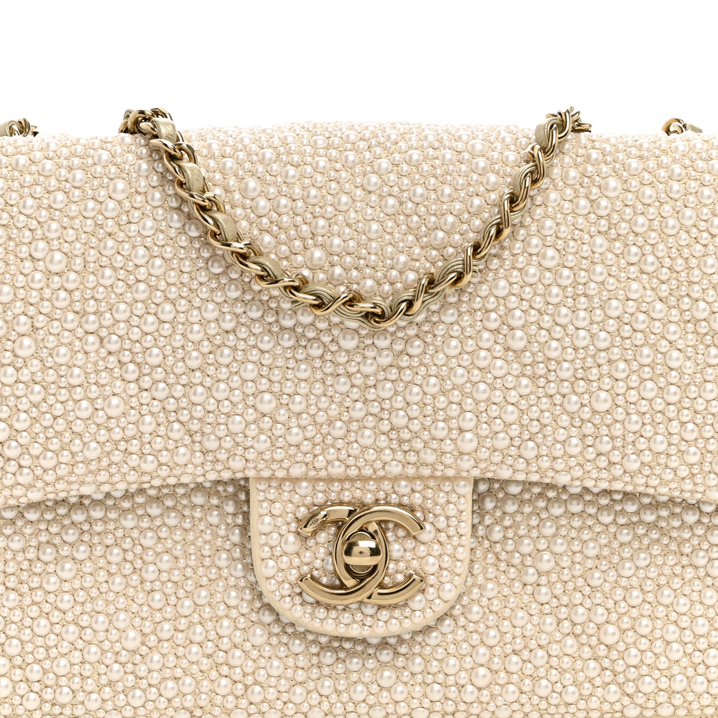 Metallic Lambskin Quilted Pearl Flap Gold White
