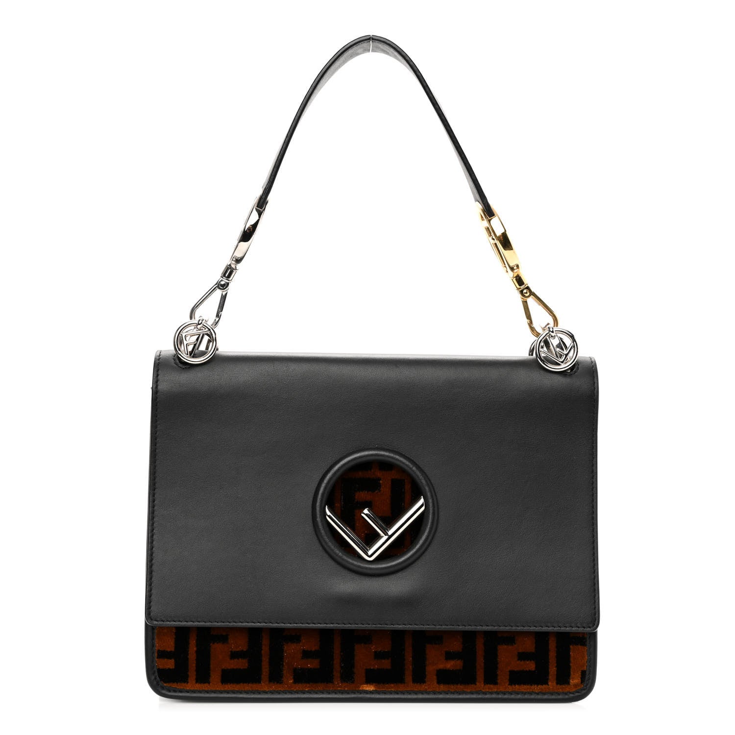 Fendi Vitello Century Velvet F is Fendi FF Kan I Shoulder Bag Black Tobacco 1 of 11