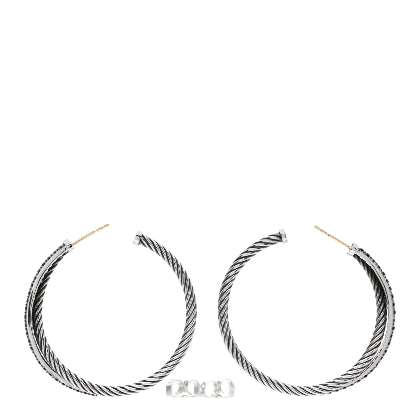 Sterling Silver 14K White Gold Black Diamond Crossover Hoop Earrings