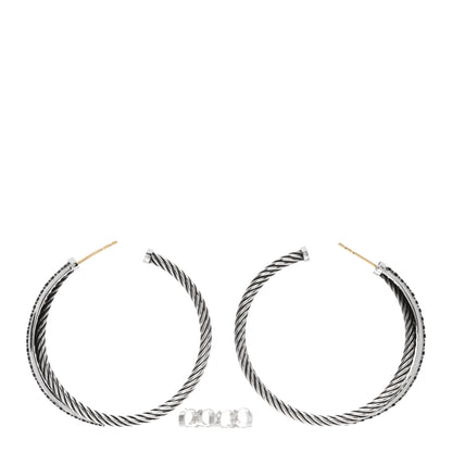 David Yurman Sterling Silver 14K White Gold Black Diamond Crossover Hoop Earrings 3 of 4