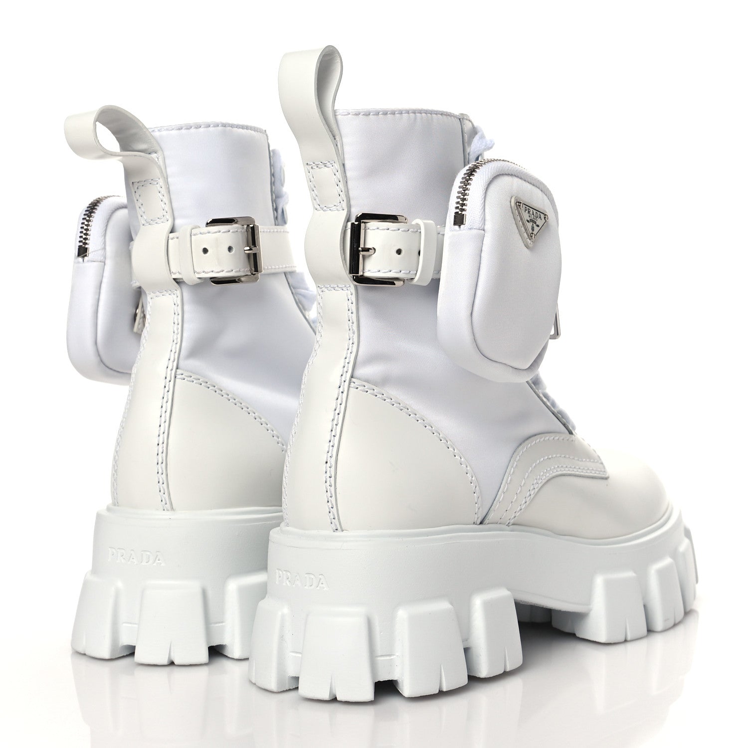 Prada Spazzolato Rois Re-Nylon Metal Triangle Logo Mens Monolith Pouch Pocket 60mm Combat Boots 6 White 4 of 9