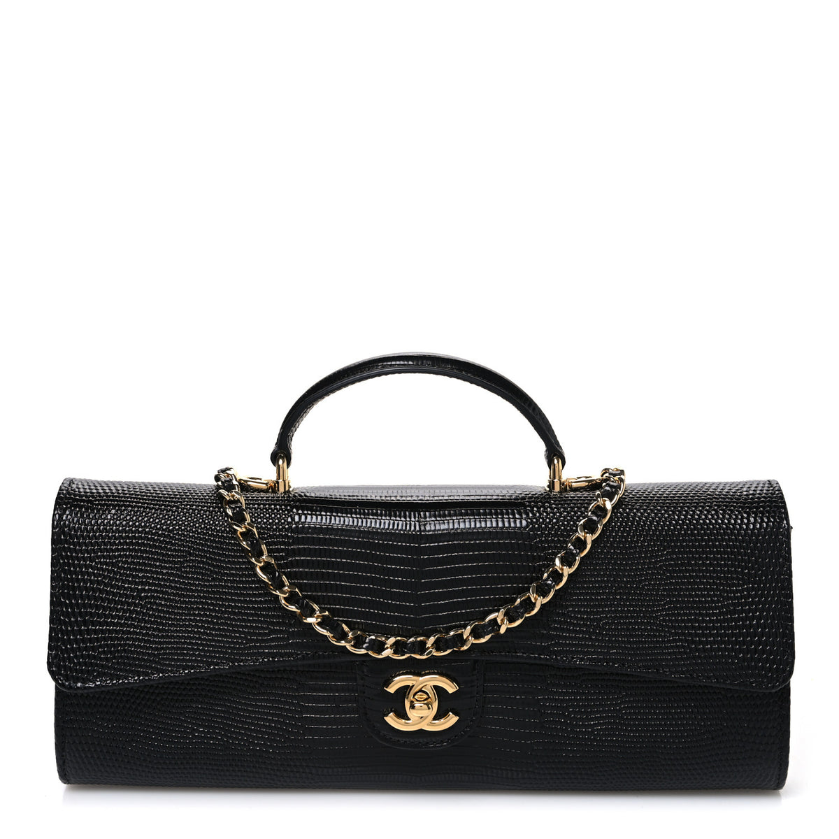 Chanel Calfskin Lizard Embossed Top Handle Long Clutch With Chain Black 1 of 12