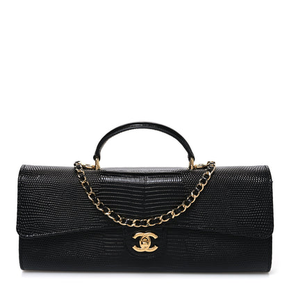 Chanel Calfskin Lizard Embossed Top Handle Long Clutch With Chain Black 1 of 12