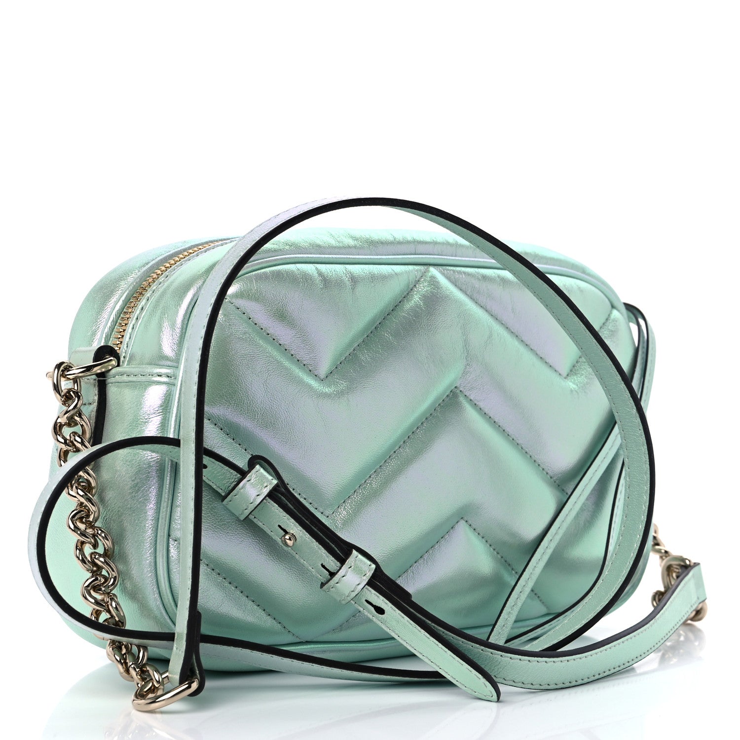 Gucci Iridescent Nappa Chevron Matelasse Small GG Marmont Chain Shoulder Bag Iridescent Salvy Green 3 of 8