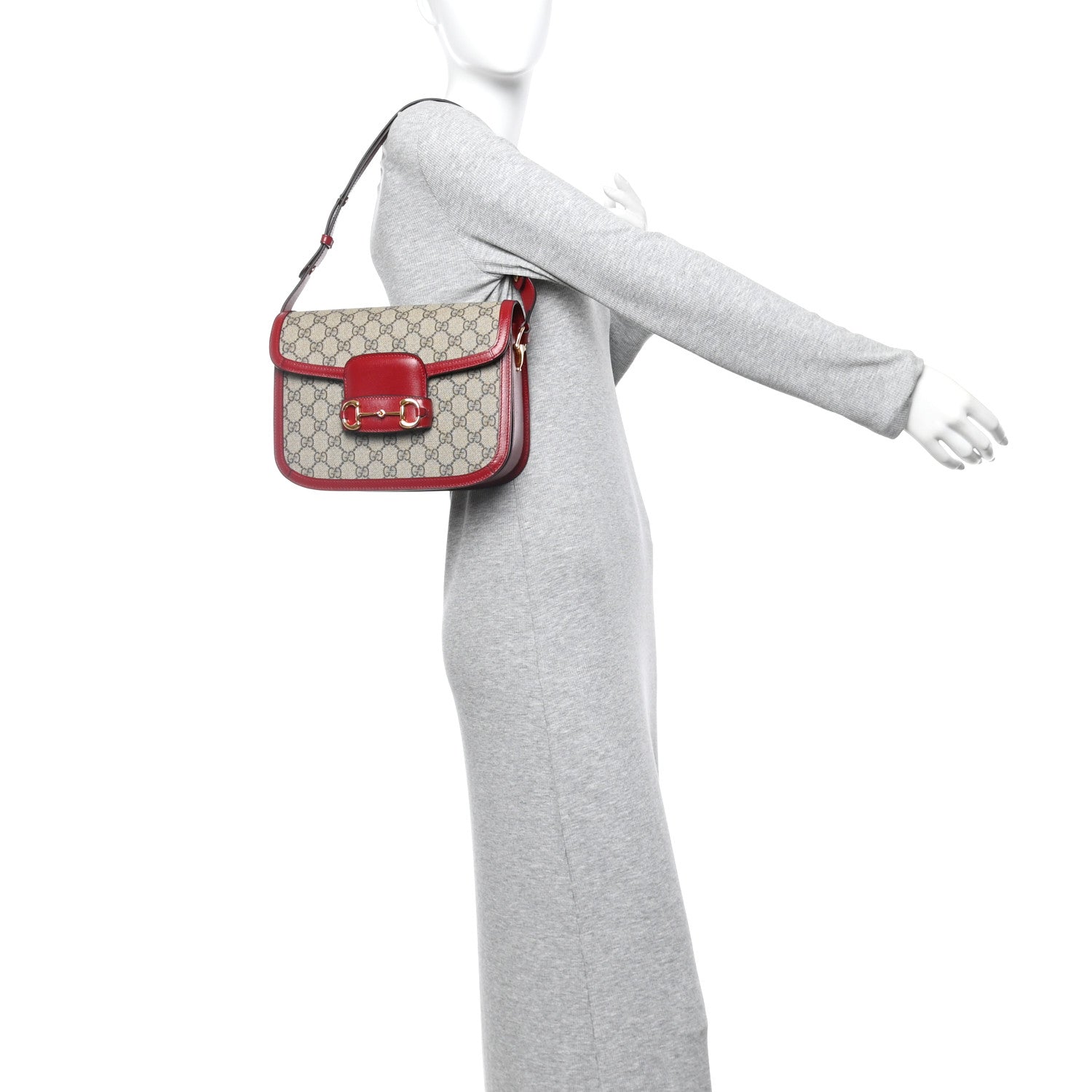 Gucci GG Supreme Monogram Azalea Calfskin Horsebit 1955 Shoulder Bag Beige Ebony New Cherry Red 2 of 12
