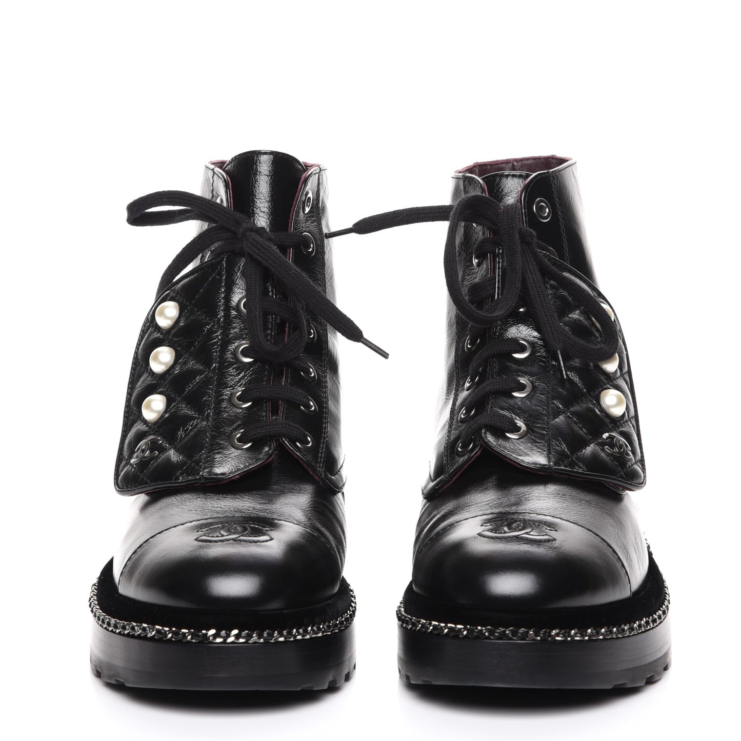 Crinkled Calfskin Pearl Combat Short Boots 38 Black