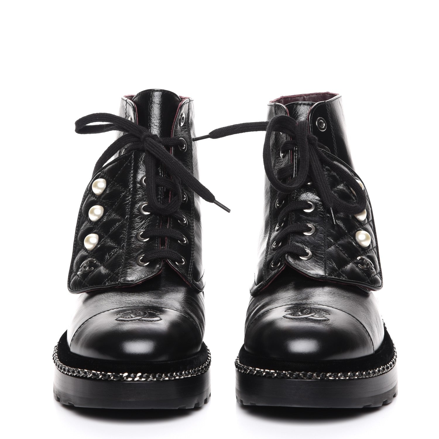 Chanel Crinkled Calfskin Pearl Combat Short Boots 38 Black 2 of 9