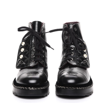 Chanel Crinkled Calfskin Pearl Combat Short Boots 38 Black 2 of 9