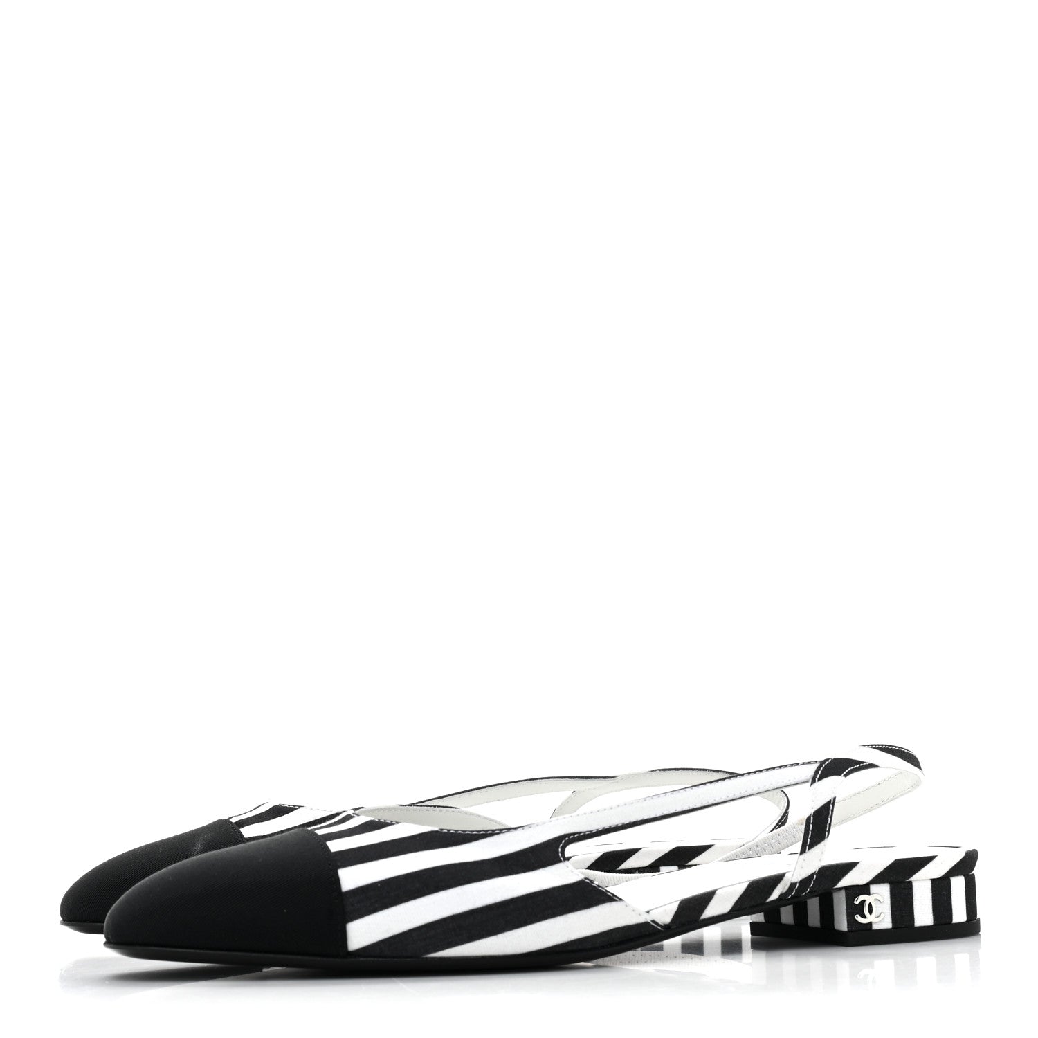 Chanel Fabric Grosgrain Cap Toe CC Slingback Flats 39 White Black 3 of 8