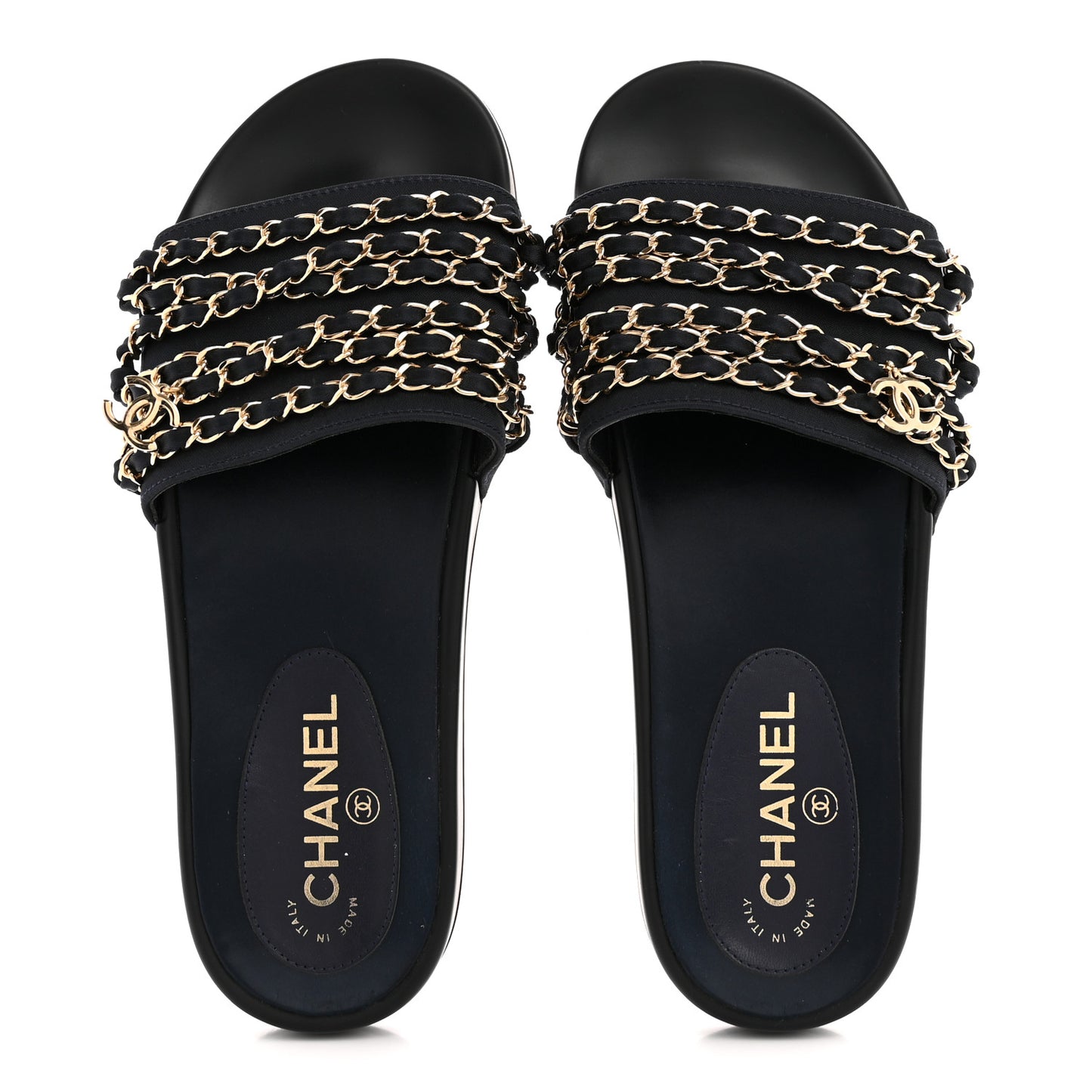 Satin Canvas Chain Slides Sandals Flats 39 Marine