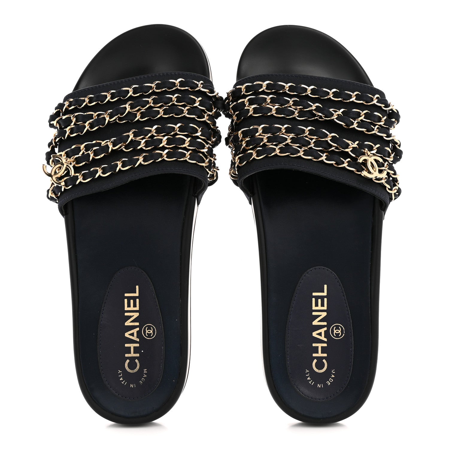 Chanel Satin Canvas Chain Slides Sandals Flats 39 Marine 2 of 10
