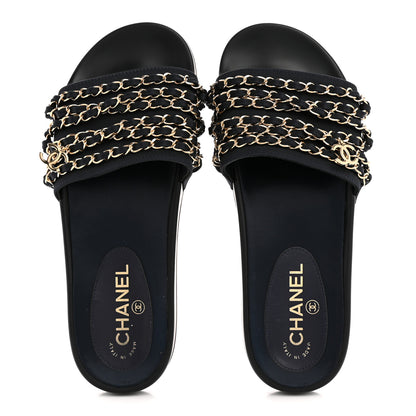 Chanel Satin Canvas Chain Slides Sandals Flats 39 Marine 2 of 10