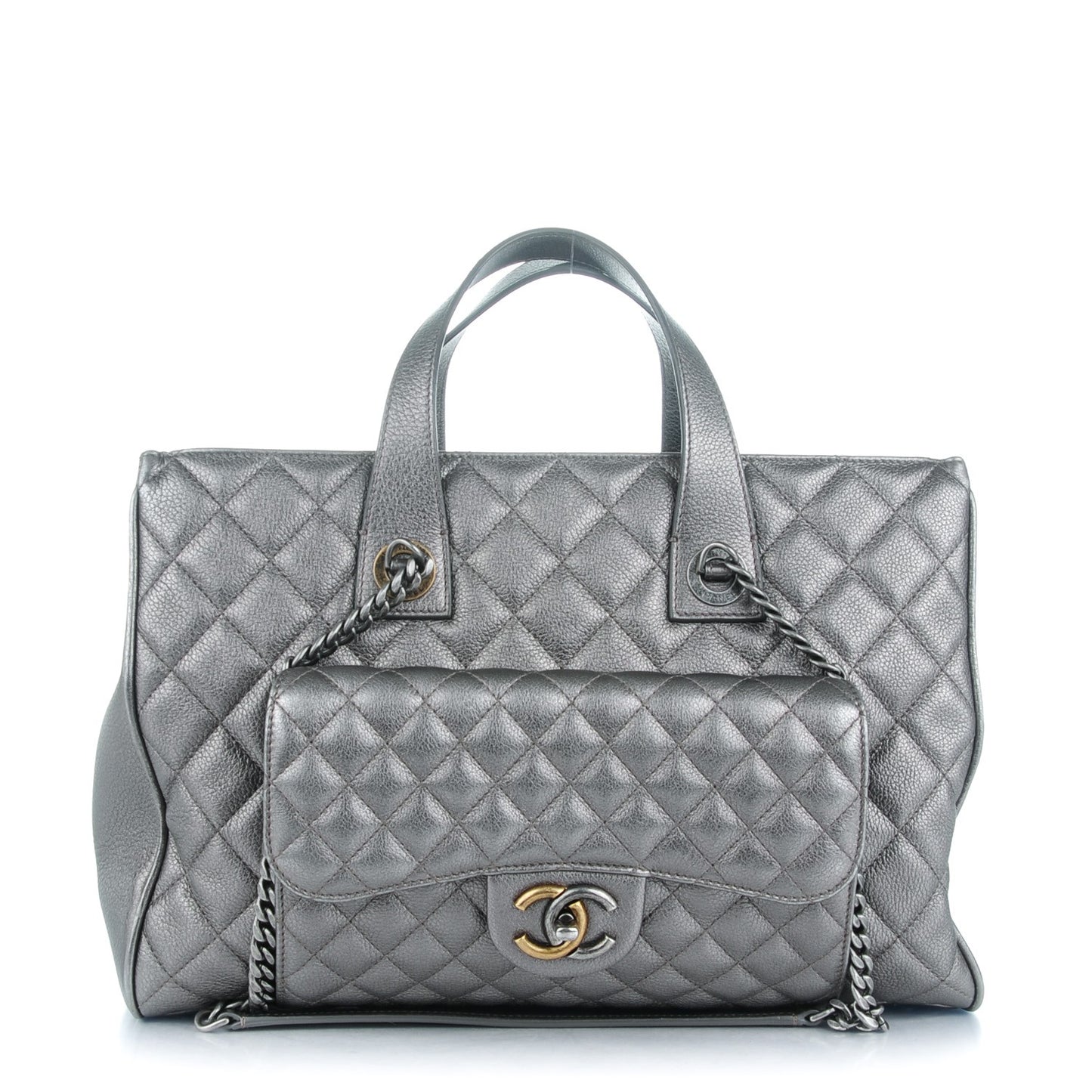 Metallic Grained Calfskin Quilted Large Casual Pocket Tote Silver