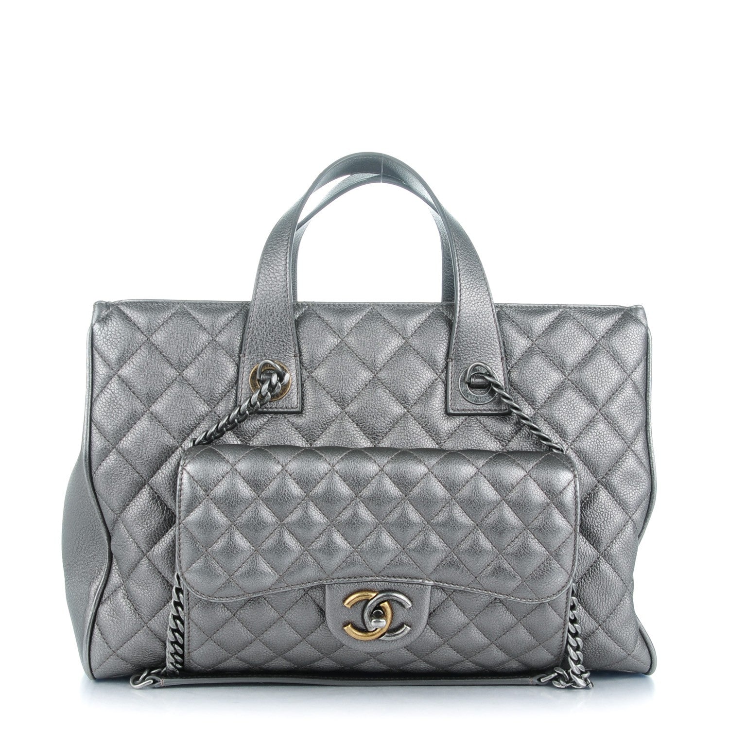 Chanel Metallic Grained Calfskin Quilted Large Casual Pocket Tote Silver 1 of 9