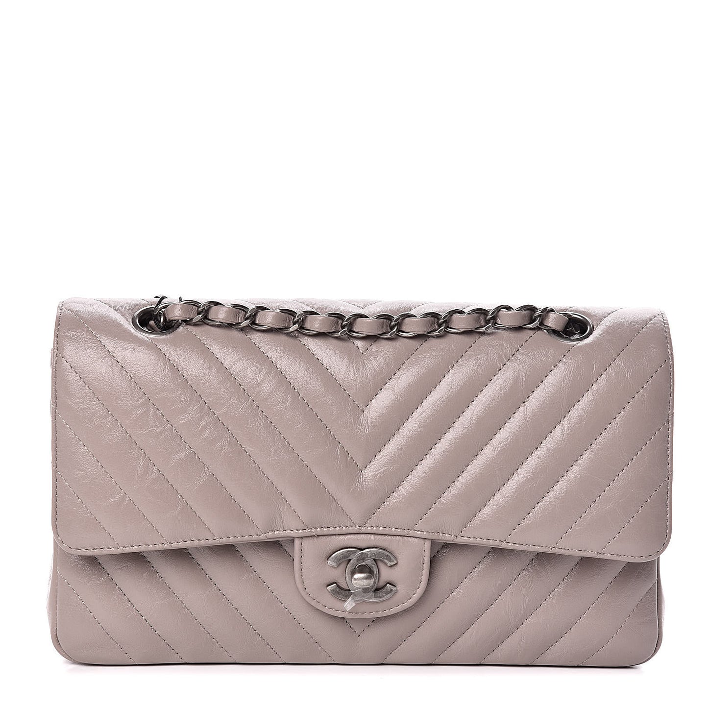 Iridescent Calfskin Chevron Quilted Medium Double Flap Grey