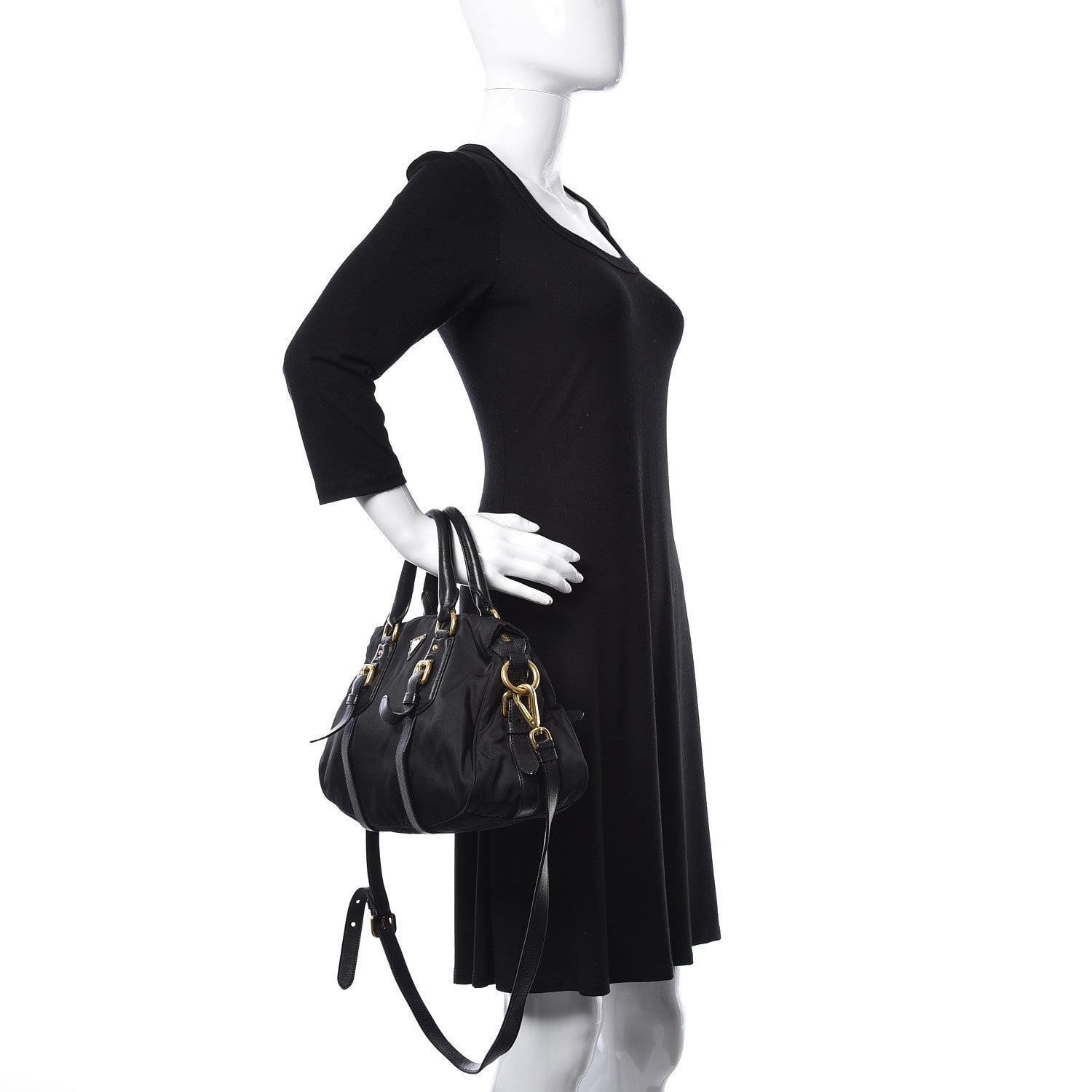 Prada Nylon Tessuto Soft Calfskin Small Shopping Satchel Black 3 of 11