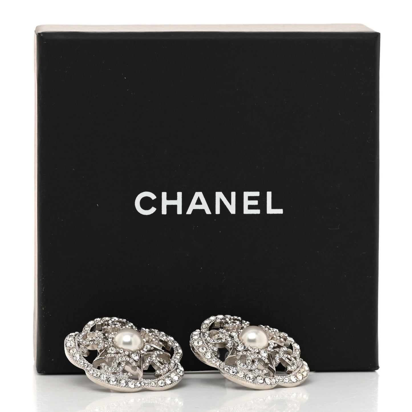 Crystal Pearl Large Camellia CC Earrings Silver